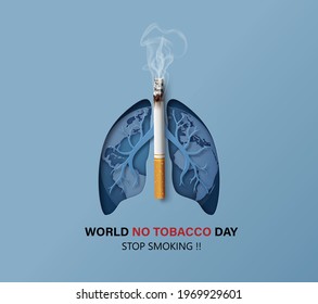 concept of no smoking and World No Tobacco Day with lung and cigarette. paper collage style with digital craft .