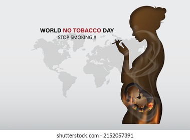 concepto de no fumar y Día Mundial sin Tabaco con mujeres embarazadas fumando. estilo de collage de papel con arte digital.