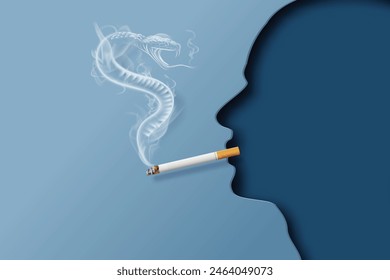 concept of no smoking and World No Tobacco Day ,The face of a smoking man with smoke in the shape of a poisonous snake.