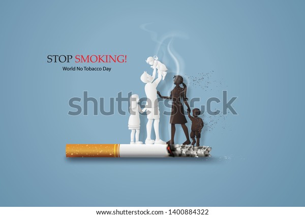  concept of no smoking and World No Tobacco\
Day with family .Paper cut\
style.