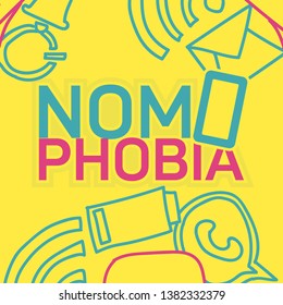 The concept of nomophobia. Dependence on the phone as a social problem. Inscription on yellow background. Vector