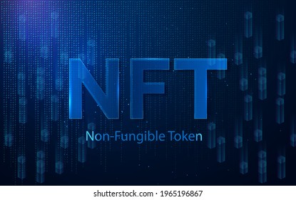 The concept of non-functioning NFT tokens on a dark blue background with blocks and a stream of numbers. Pay for unique collectibles in games or art. For banner or news. Vector illustration