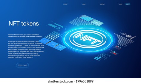 The concept of non-functioning NFT tokens on a dark blue background Bitcoin conceptual background with blue glowing electric lights in style HUD UI GUI 