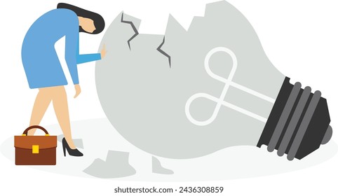 Concepto de no estar inspirado o motivado después del fracaso del negocio, cansado o agotado por la crisis, ninguna idea nueva o concepto de inspiración, empresario deprimido de pie con idea de bombilla de luz fallida.