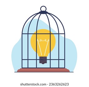 Concept of not realizing an idea, bird cage with golden light bulb locked inside. Limitation of thinking. Mental jail. Blocking creative thinking. Cartoon flat isolated vector concept