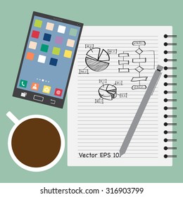 Concept with notebook, mobile phone and coffee cup for work on Finance graph diagram, Vector Illustration EPS 10.