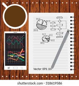 Concept with notebook, mobile phone and coffee cup for work on Finance graph diagram, Vector Illustration EPS 10.