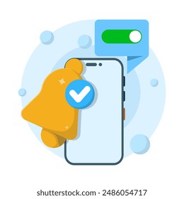 Si aparece el concepto de notificación, la notificación se ha activado o activado correctamente. Permitir, activar, activar mensaje de notificación, concepto de recordatorio, Ilustración vectorial de diseño plano.