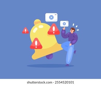 concept of notification of problem or warning of danger. detected an error has occurred. error in the system and software. illustration of a man with a bell and warning sign. flat style design