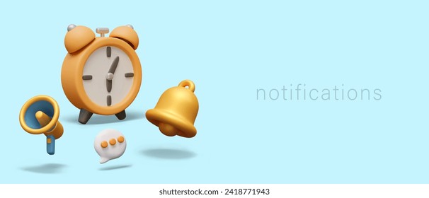 Concept of notification, reminder. 3D alarm clock, bell, megaphone, comment