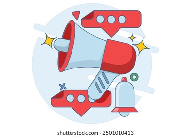 concept of notification via call. megaphone and pop-up tooltips, alert notifications, new important messages. Urgent online call. Attention sign. Social media reminder. flat vector illustration.