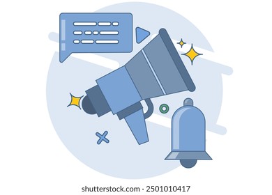 Concepto de notificación a través de llamada. consejos sobre herramientas de megáfono y ventanas emergentes, notificaciones de alertas, nuevos mensajes importantes. Llamada urgente en línea. Señal de atención. Recordatorio de las redes sociales. Ilustración vectorial plana.