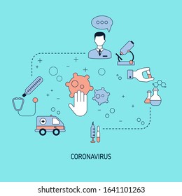 Concept of Novel Coronavirus with virus cells icons. Chinese virus. Vector illustration. Blue background.