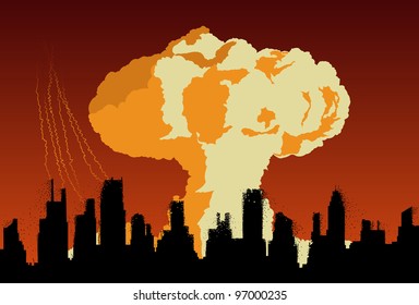 Concept Of Nuclear Explosion Cloud In Shape Of Mushroom Over City Silhouette. Easy Editable Layered Vector Illustration