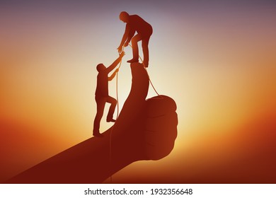 Concept of the nudge to help a partner reach the top of the pecking order, with two men symbolically going up a thumb.