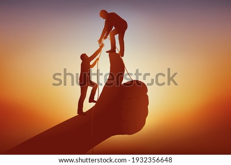 Concept of the nudge to help a partner reach the top of the pecking order, with two men symbolically going up a thumb.