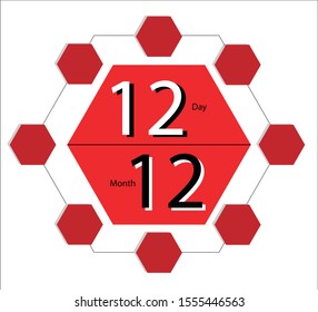 Concept, number 12 on a 6-sided shape or a red polygon.