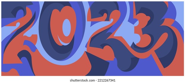 The concept of the number 2023. A bright inscription for the New Year in an abstract style for a design in blue-orange colors.