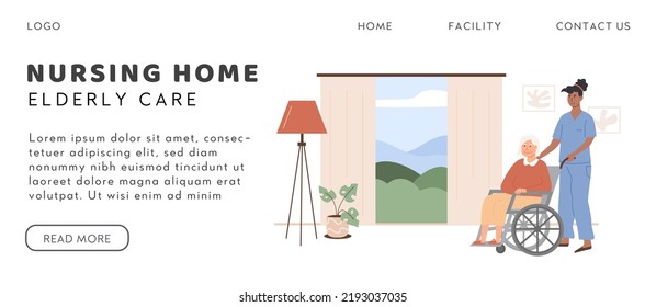 Concept of nursing home. A caregiver with old age woman on wheelchair. A bedroom in retirement home. Scene of senior person with social worker at home. Vector flat style banner.