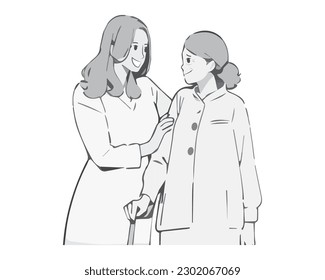 Concept of nursing home, hospital, hospice, rehabilitation. Happy old woman holding hands with nurse together. The clinic doctor takes care, helps and supports the patients. Simple flat vector.