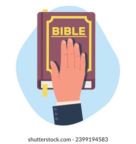 Concept of oath, hand resting on Bible. Swear on holy book, tell truth in court. Presidential inauguration. Promise before god. Judicial and religious symbol. Cartoon flat isolated vector illustration