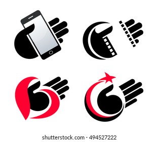 concept objects in hand. isolated smart phone, filmstrip, heart, moon, star vector icons eps10.