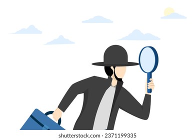 Concept of observation or inspection to know and find useful information, detective or investigating and analyzing data, intelligent detective looking through a magnifying glass to search for evidence