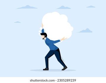 concept of obsessiveness at work or too many problems can't make a decision, Overthinking, a depressed businessman trying to carry a heavy burden of thought bubbles. flat vector illustration.