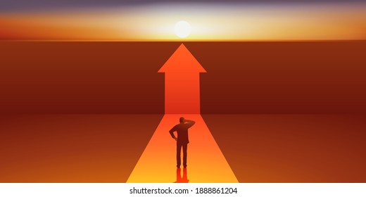 Concept of the obstacle that hinders the progress of a man in his professional career, with a wall he must cross to continue his path.
