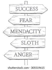 Concept: Obstacles to Success. Fear, mendacity, sloth, anger. Vector Pointer