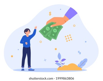 Concept of obtaining a universal basic income. The hand extends money to a happy man. Blue background with patterns. Flat cartoon vector illustration. Abstract metaphor