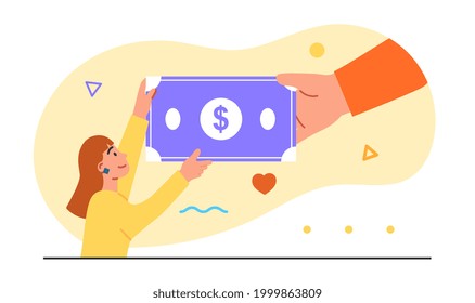 Concept of obtaining a universal basic income. The hand extends money to a happy woman. Pastel background with geometric patterns. Flat cartoon vector illustration. Abstract metaphor