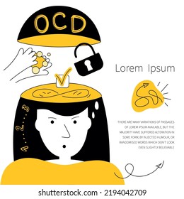 Concept of OCD symptoms women has fear and intrusive thoughts for lock, ON or OFF and obsessive wash hands. Vector illustration obsessive compulsive disorder with neurosis discomfort, panic attack.