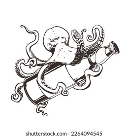 Concepto Octopus envuelto alrededor de una botella de cerveza, imagen imprimible. Vector clipart