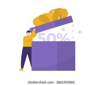 the concept of offering loyalty programs, special prizes. illustration of a male customer opening a gift containing a surprise gift of 50% discount. flat style. design elements