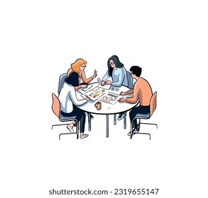 El concepto de un ambiente de oficina en la mesa durante las horas de trabajo. Ilustración vectorial de las personas sentadas en la mesa
