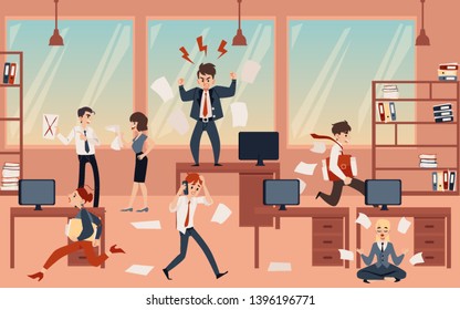 The concept of office chaos in business with the boss, businessmen and employees before deadline. Chaos and office disorder, angry and busy, running and meditating employees, flat cartoon vector