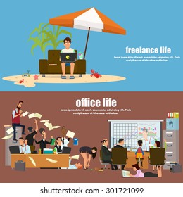 the concept of office life and the life of freelancing. banners "office work" and "freelance". vector illustration. 