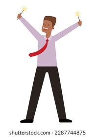 Concept Office party people men. This is a flat vector cartoon illustration on a white background, featuring a happy man on a violet shirt at an office party. Vector illustration.