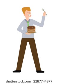 Concept Office party people men. This is a flat vector cartoon illustration on a white background, featuring a happy man holding a cake at an office party. Vector illustration.