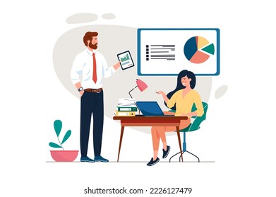 Concept Office con la escena de la gente en el diseño de caricaturas planas. El director del departamento asigna una nueva tarea a un empleado de la oficina. Ilustración vectorial.