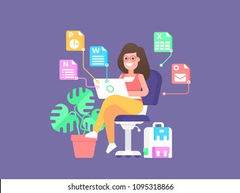 Concept of office programs and training. Young positive girl with computer sits on chair next to office program icons on purple background. Vector illustration