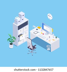 Concept of office room. White office furniture. 3d armchair, desk, computer, locker. Isometric. Vector illustration.