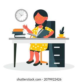 Concept of office routine. Hardworking employee, company, paperwork, workflow. Clerk, manager, accountant, lot of documents. Job, worker, clock, time management. Cartoon flat vector illustration
