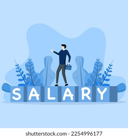 concept of office salary or bank deposit employee working businessman, office man walking on word cube block building Salary on blue yellow background, Salary man.