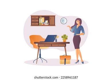 Concept Office supplies with people scene in the flat cartoon style. Office worker checks the availability of all office supplies. Vector illustration.