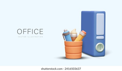 Concept of office supplies, workplace. Realistic pencil cup, ring folder with empty space for text