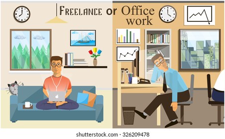 The concept of office work and the freelancing. Scenes of people working in the office. Interior office and living room. Home office vector illustration in a flat style. Workspace for Freelancer.