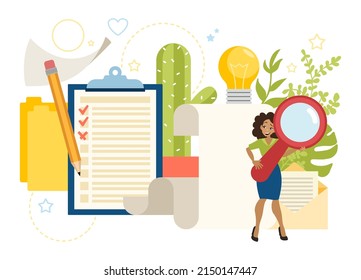 The concept of office work. The girl holds a magnifying glass in her hands while studying office reports and documents. Profession manager. Flat vector illustration.