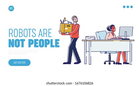 Concept Of Office Work And Human Resources. Website Landing Page. Woman Working On the Computer. Fired Employee Leaves The Workplace. Cartoon Linear Outline Flat Style. Vector Illustration